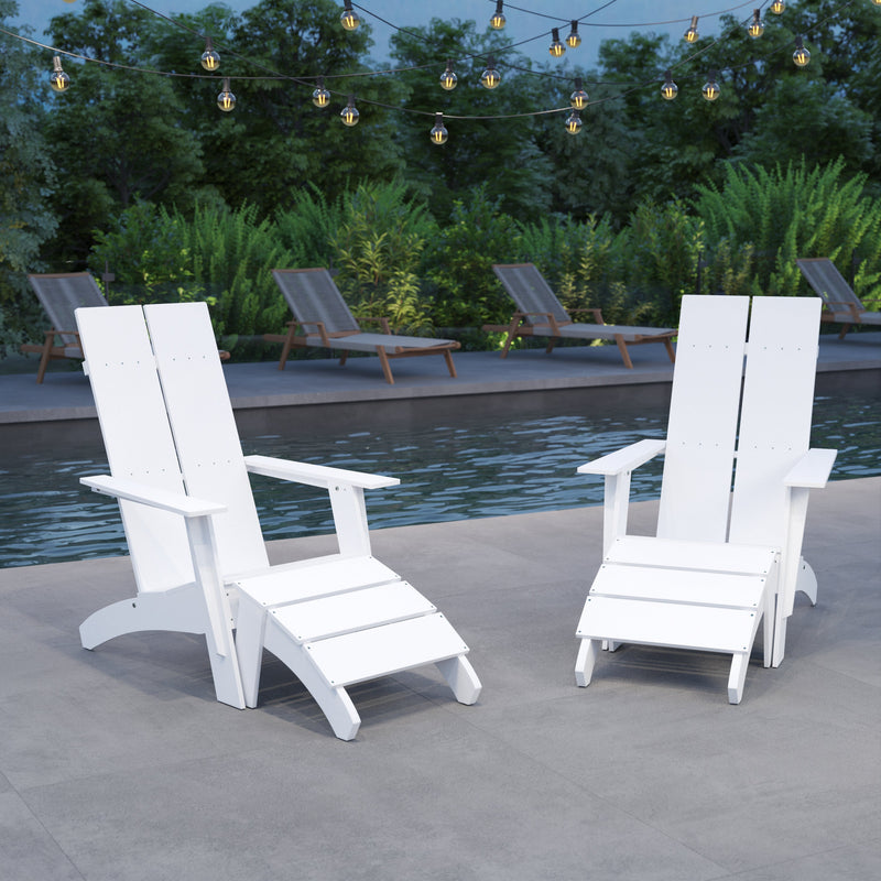 Set of 2 Piedmont Adirondack Slatted Back Patio Chairs With Accompanying Foot Ottomans