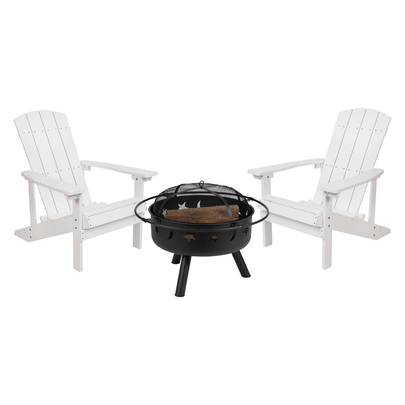 Ayala 3 Piece Outdoor Leisure Set with Set of 2 White Poly Resin Adirondack Chairs and Star and Moon Iron Fire Pit