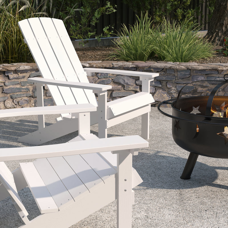 Ayala 3 Piece Outdoor Leisure Set with Set of 2 White Poly Resin Adirondack Chairs and Star and Moon Iron Fire Pit