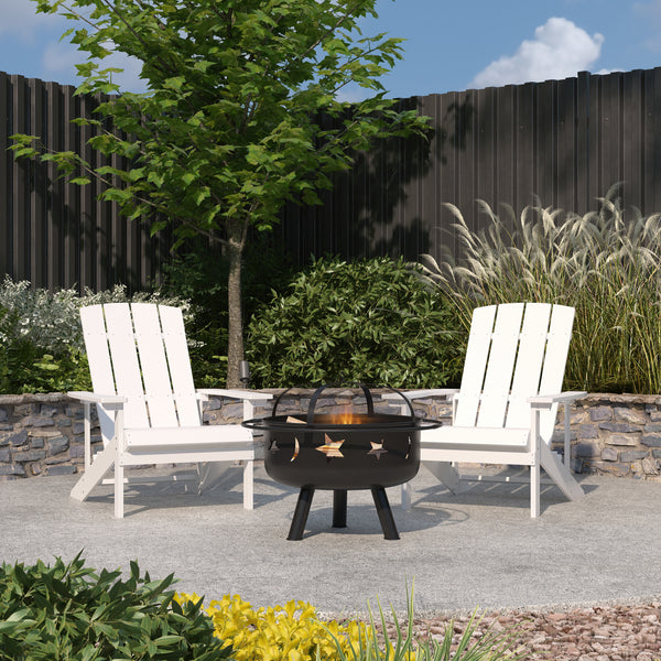 Ayala 3 Piece Outdoor Leisure Set with Set of 2 White Poly Resin Adirondack Chairs and Star and Moon Iron Fire Pit