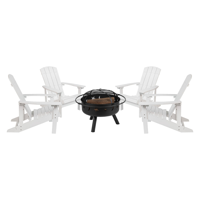 Ayala 5 Piece Outdoor Leisure Set with Set of 4 White Poly Resin Adirondack Chairs and Star and Moon Iron Fire Pit