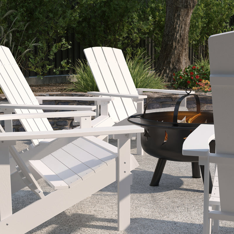 Ayala 5 Piece Outdoor Leisure Set with Set of 4 White Poly Resin Adirondack Chairs and Star and Moon Iron Fire Pit