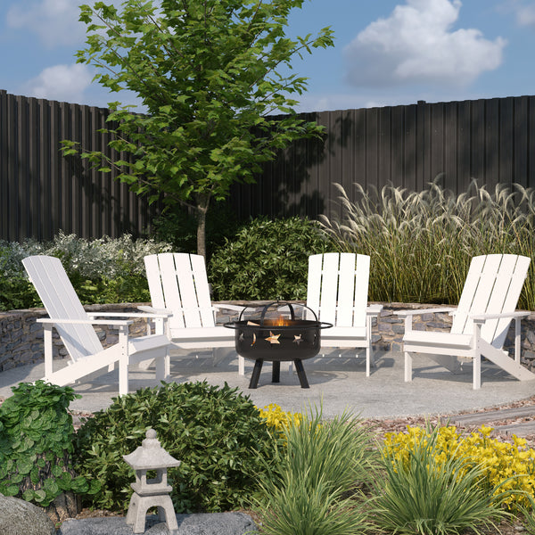 Ayala 5 Piece Outdoor Leisure Set with Set of 4 White Poly Resin Adirondack Chairs and Star and Moon Iron Fire Pit