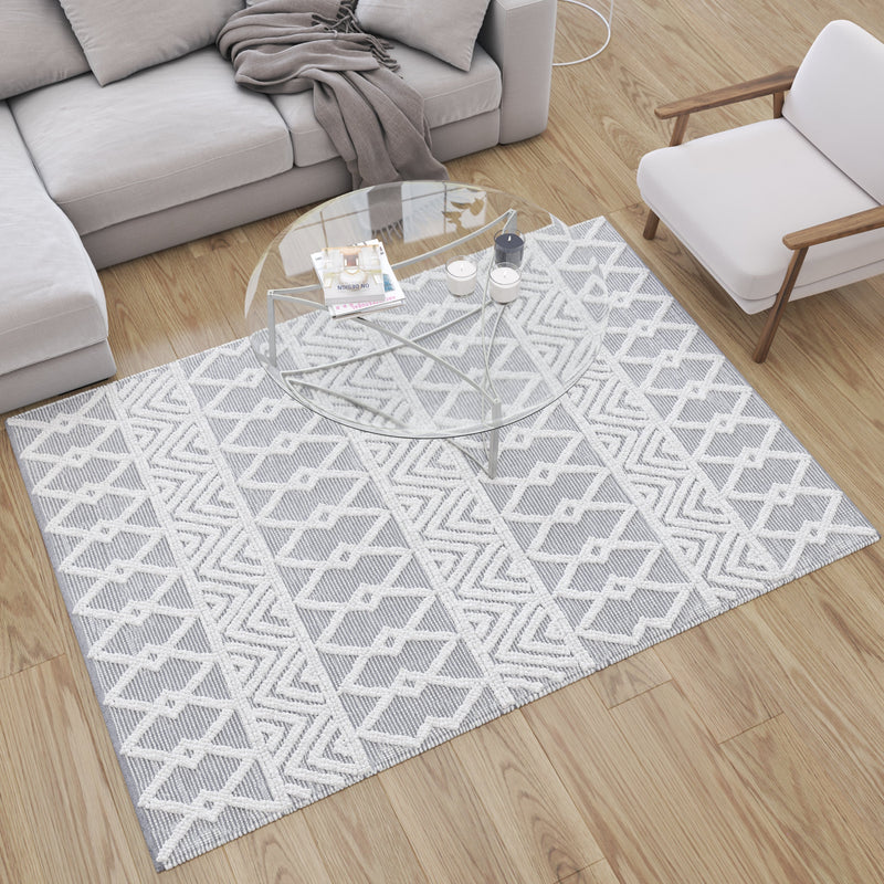 Adelina Handwoven Area Rug Cotton/Polyester Blend in Gray and Ivory Geometric Diamond Pattern