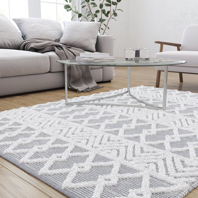 Adelina Handwoven Area Rug Cotton/Polyester Blend in Gray and Ivory Geometric Diamond Pattern