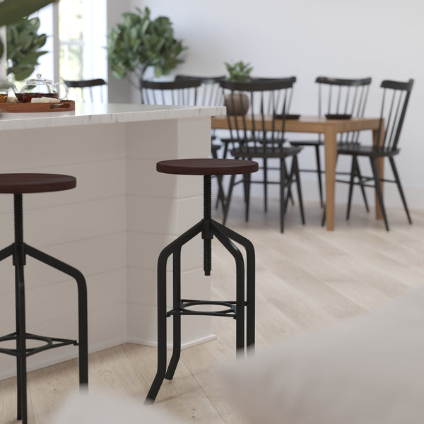 Bergen 30 Inch Black Metal And Wood Bar Counter Stool With Adjustable Height Seat And 360° Swivel