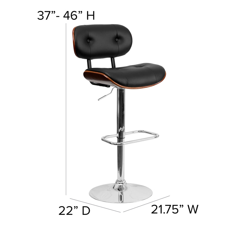 Melbourne Adjustable Height Barstool Contemporary Black Vinyl Tufted Bentwood Counter Stool with Chrome Base & Integrated Footrest