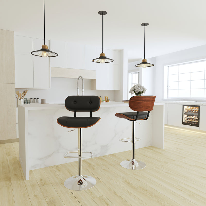 Melbourne Adjustable Height Barstool Contemporary Black Vinyl Tufted Bentwood Counter Stool with Chrome Base & Integrated Footrest