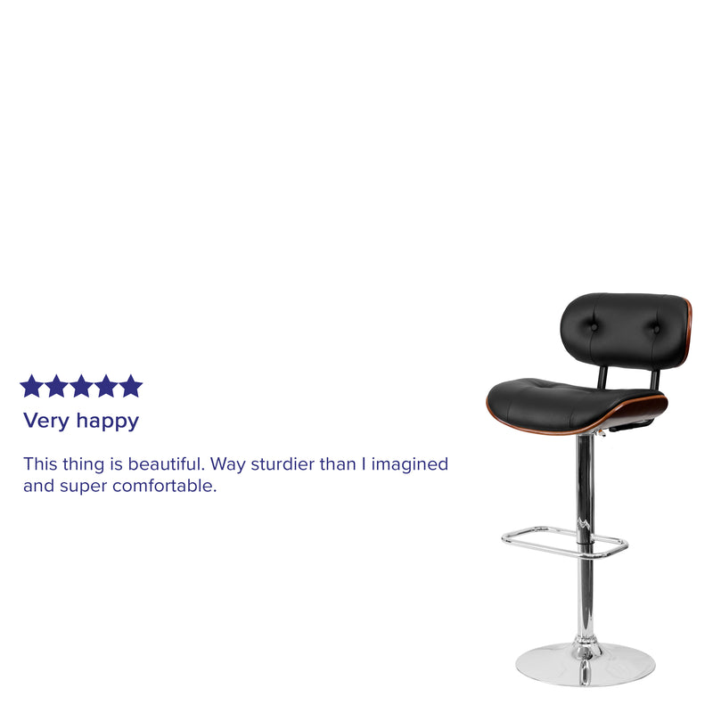 Melbourne Adjustable Height Barstool Contemporary Black Vinyl Tufted Bentwood Counter Stool with Chrome Base & Integrated Footrest