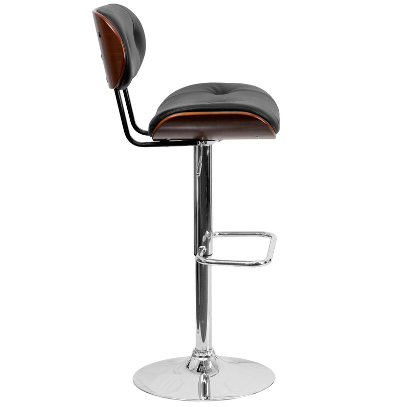 Melbourne Adjustable Height Barstool Contemporary Black Vinyl Tufted Bentwood Counter Stool with Chrome Base & Integrated Footrest