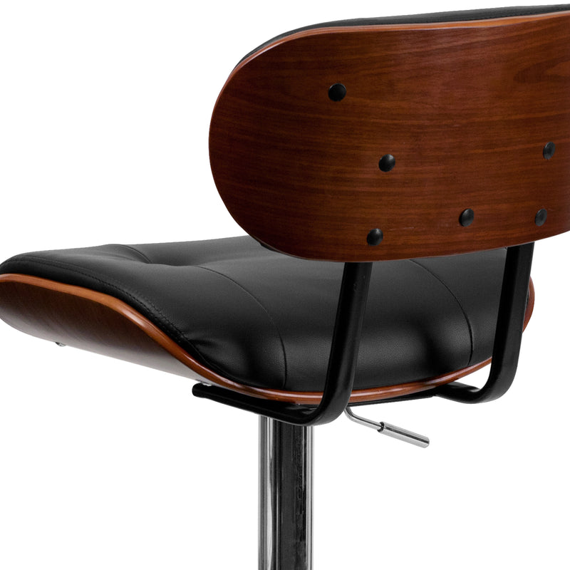Melbourne Adjustable Height Barstool Contemporary Black Vinyl Tufted Bentwood Counter Stool with Chrome Base & Integrated Footrest