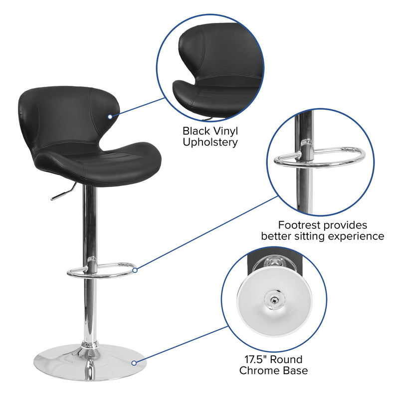 Quincy Adjustable Height Barstool Contemporary Bar Height Stool with Curved Back and Chrome Base with Footrest
