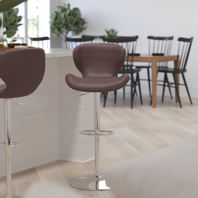 Quincy Adjustable Height Barstool Contemporary Bar Height Stool with Curved Back and Chrome Base with Footrest