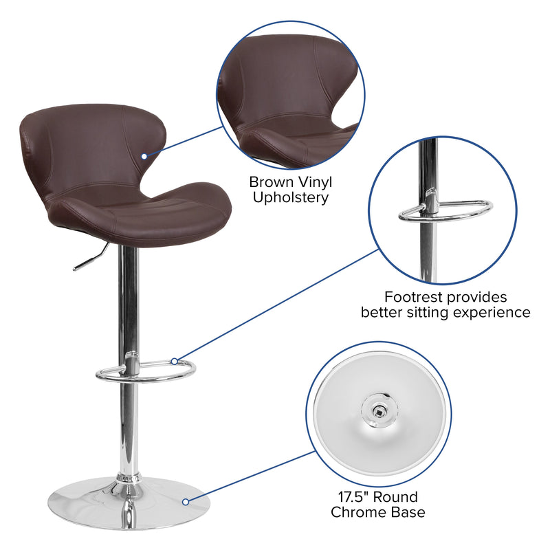 Quincy Adjustable Height Barstool Contemporary Bar Height Stool with Curved Back and Chrome Base with Footrest