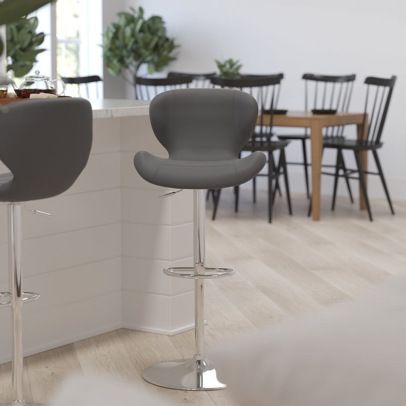 Quincy Adjustable Height Barstool Contemporary Bar Height Stool with Curved Back and Chrome Base with Footrest