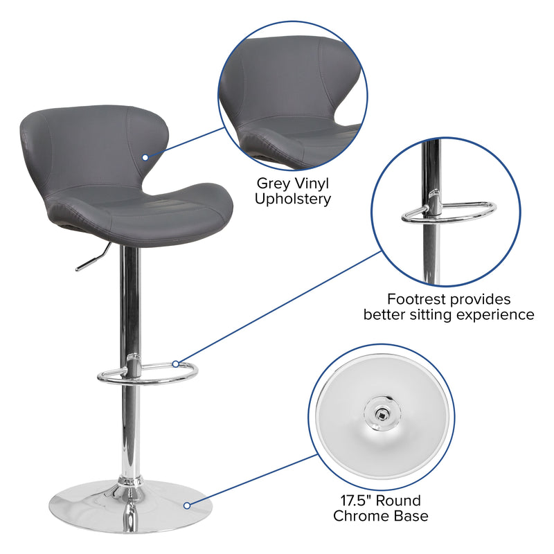 Quincy Adjustable Height Barstool Contemporary Bar Height Stool with Curved Back and Chrome Base with Footrest