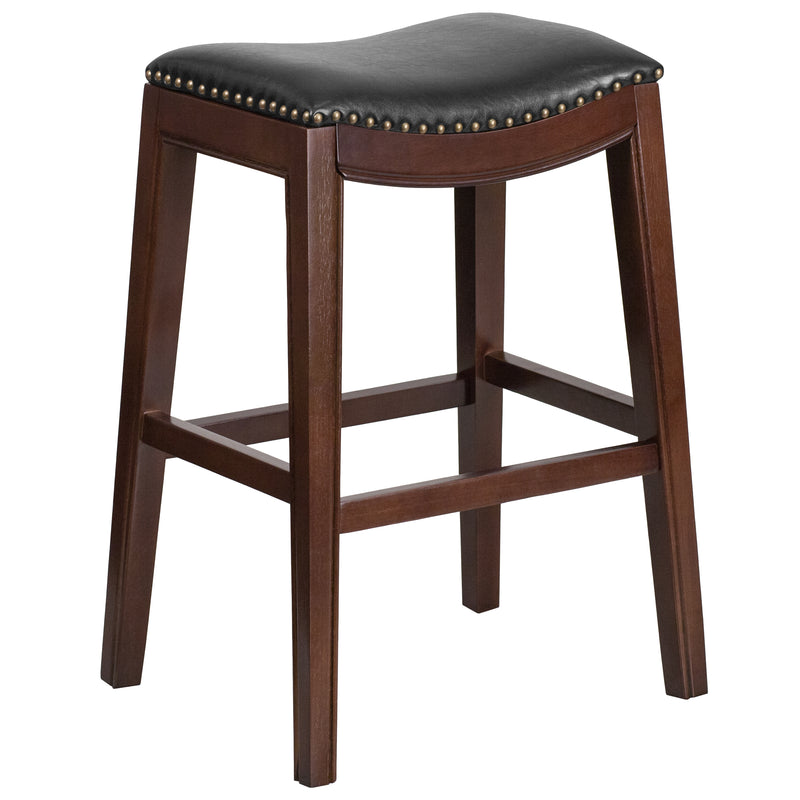 Abel 30'' Backless Saddle Style Barstool Traditional Cappuccino Finish Wood Barstool in Black Faux Leather with Nail Accent Trim