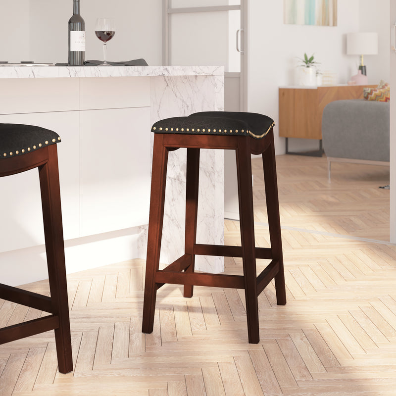 Abel 30'' Backless Saddle Style Barstool Traditional Cappuccino Finish Wood Barstool in Black Faux Leather with Nail Accent Trim