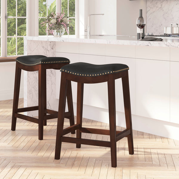 Abel 30'' Backless Saddle Style Barstool Traditional Cappuccino Finish Wood Barstool in Black Faux Leather with Nail Accent Trim