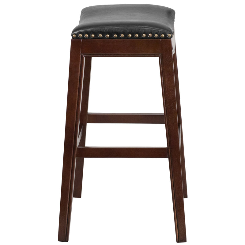 Abel 30'' Backless Saddle Style Barstool Traditional Cappuccino Finish Wood Barstool in Black Faux Leather with Nail Accent Trim