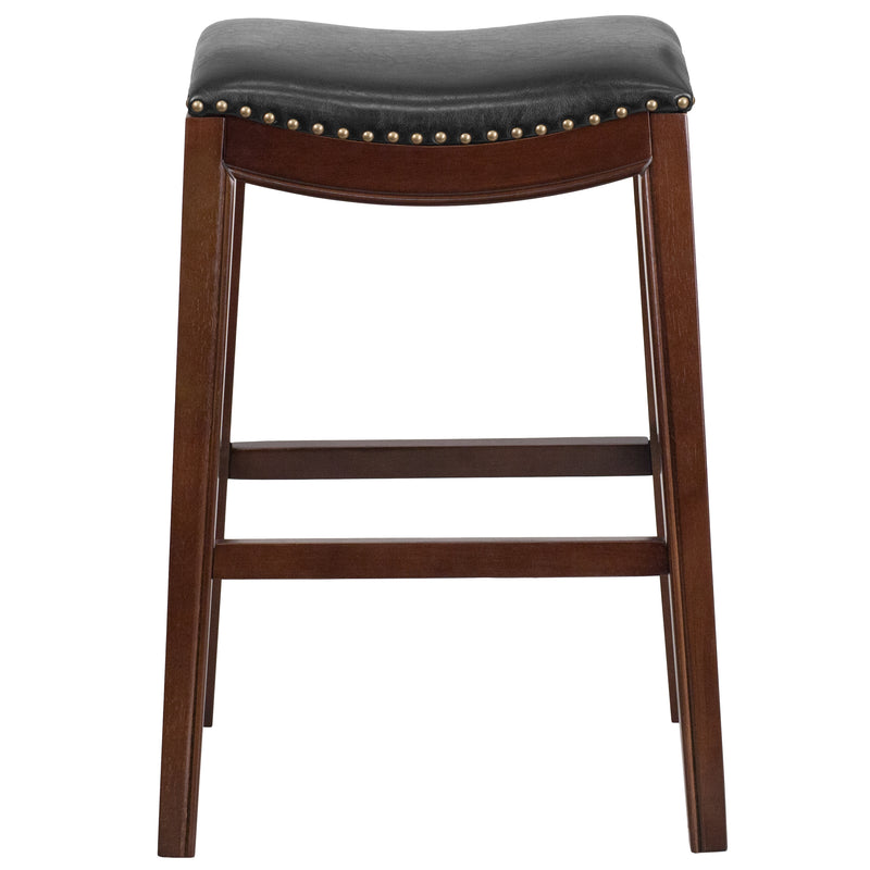 Abel 30'' Backless Saddle Style Barstool Traditional Cappuccino Finish Wood Barstool in Black Faux Leather with Nail Accent Trim