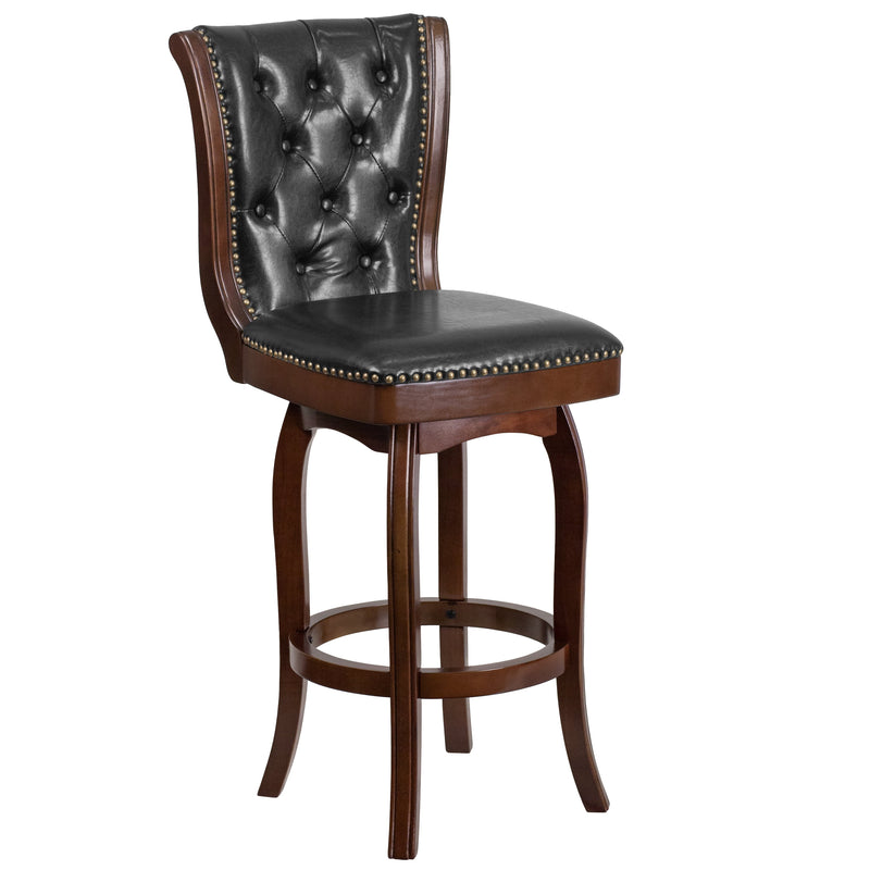 Mirco Series Wood 30" Bar Height Stool with Black Button Tufted Faux Leather Seat