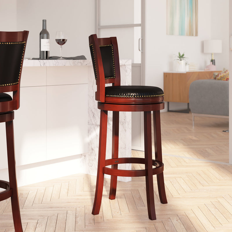Amara Series Wooden 30" Bar Height Stool with Open Panel Back with Faux Leather Accent and Seat