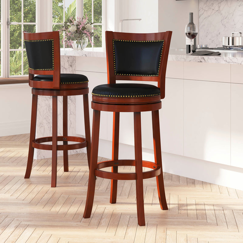 Amara Series Wooden 30" Bar Height Stool with Open Panel Back with Faux Leather Accent and Seat