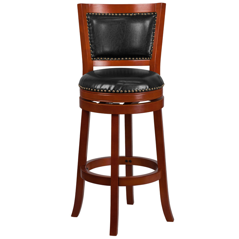 Amara Series Wooden 30" Bar Height Stool with Open Panel Back with Faux Leather Accent and Seat
