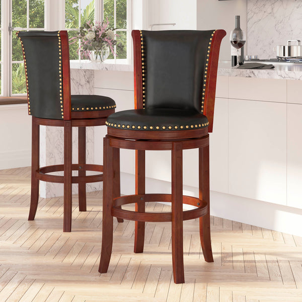 Marin 30" Dark Chestnut Wooden Bar Stool with Black Faux Leather Upholstered Swivel Seat and Brass Nail Head Trim