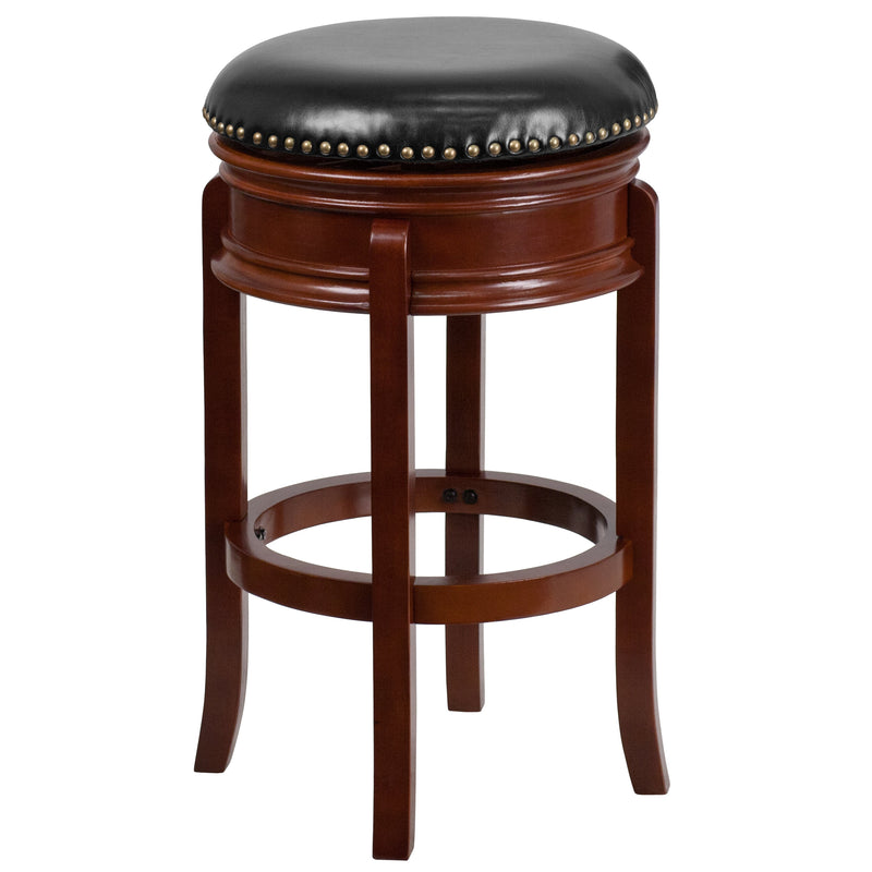 Ashin 30" Backless Swivel Barstool Upholstered in Black Faux Leather with Nail Trim