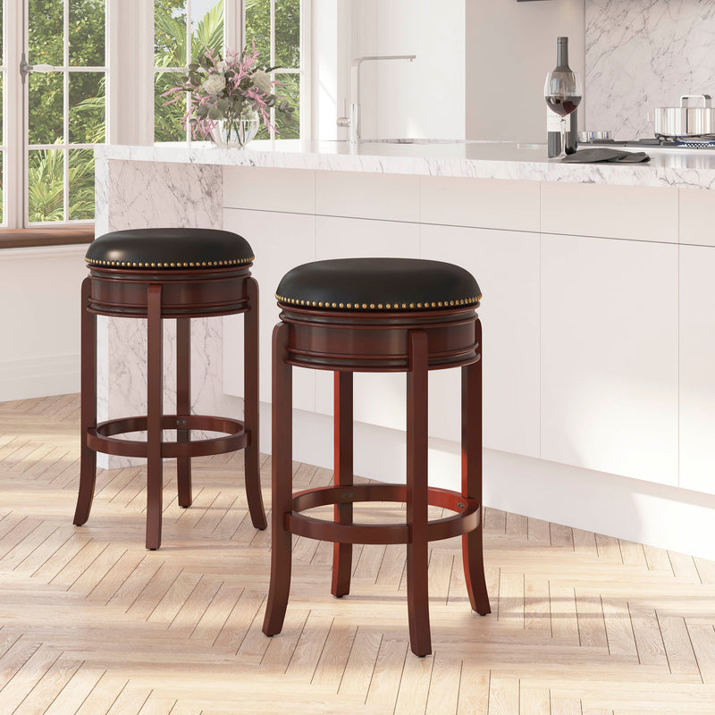 Ashin 30" Backless Swivel Barstool Upholstered in Black Faux Leather with Nail Trim