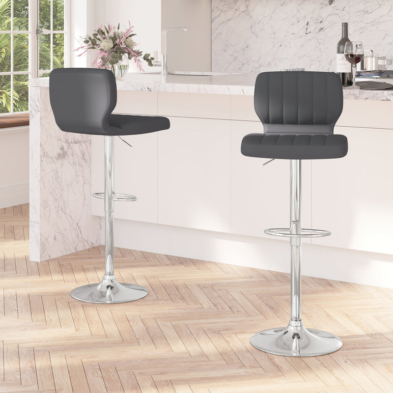 Set of Two Swivel Bar Stools with Vertical Stitched Back and Adjustable Chrome Base with Footrest