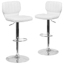 Set of Two Swivel Bar Stools with Vertical Stitched Back and Adjustable Chrome Base with Footrest