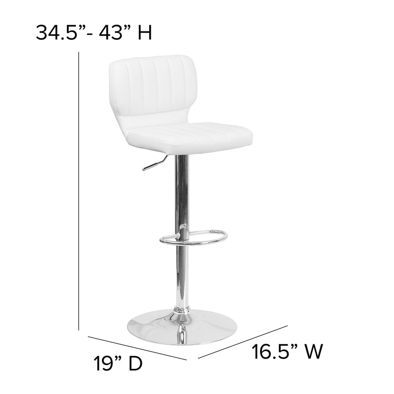Set of Two Swivel Bar Stools with Vertical Stitched Back and Adjustable Chrome Base with Footrest