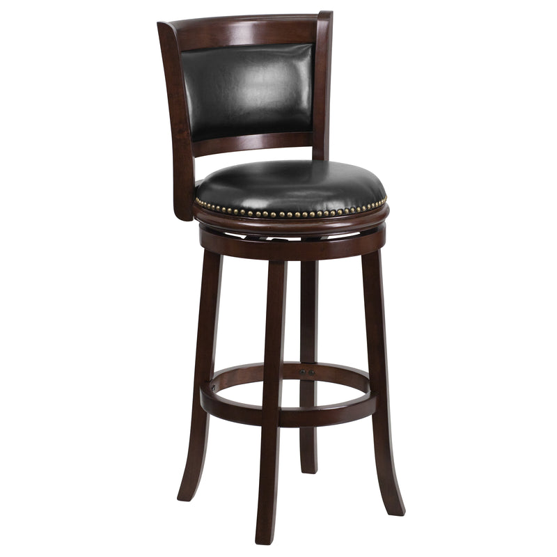 Benjamin 30" Panel Back Bar Height Stool with Black Faux Leather Upholstered Back & Seat, Nail Trim, and Cappuccino Wooden Frame