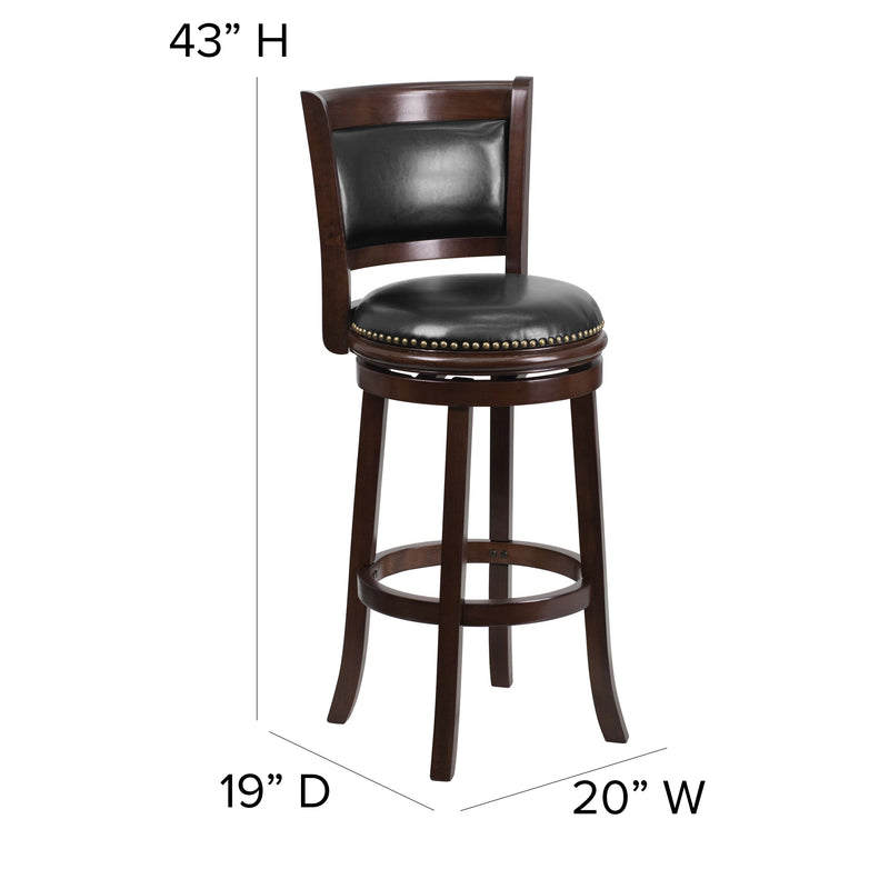 Benjamin 30" Panel Back Bar Height Stool with Black Faux Leather Upholstered Back & Seat, Nail Trim, and Cappuccino Wooden Frame