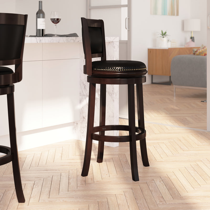 Benjamin 30" Panel Back Bar Height Stool with Black Faux Leather Upholstered Back & Seat, Nail Trim, and Cappuccino Wooden Frame
