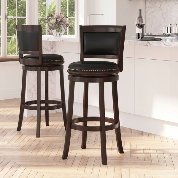 Benjamin 30" Panel Back Bar Height Stool with Black Faux Leather Upholstered Back & Seat, Nail Trim, and Cappuccino Wooden Frame