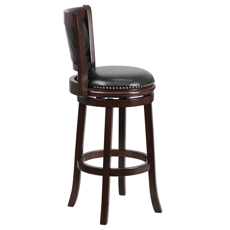 Benjamin 30" Panel Back Bar Height Stool with Black Faux Leather Upholstered Back & Seat, Nail Trim, and Cappuccino Wooden Frame