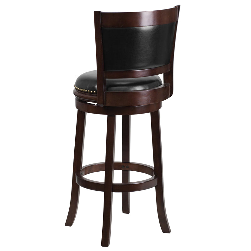 Benjamin 30" Panel Back Bar Height Stool with Black Faux Leather Upholstered Back & Seat, Nail Trim, and Cappuccino Wooden Frame