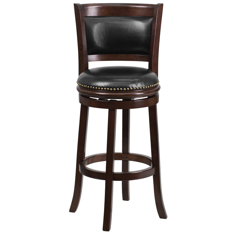 Benjamin 30" Panel Back Bar Height Stool with Black Faux Leather Upholstered Back & Seat, Nail Trim, and Cappuccino Wooden Frame