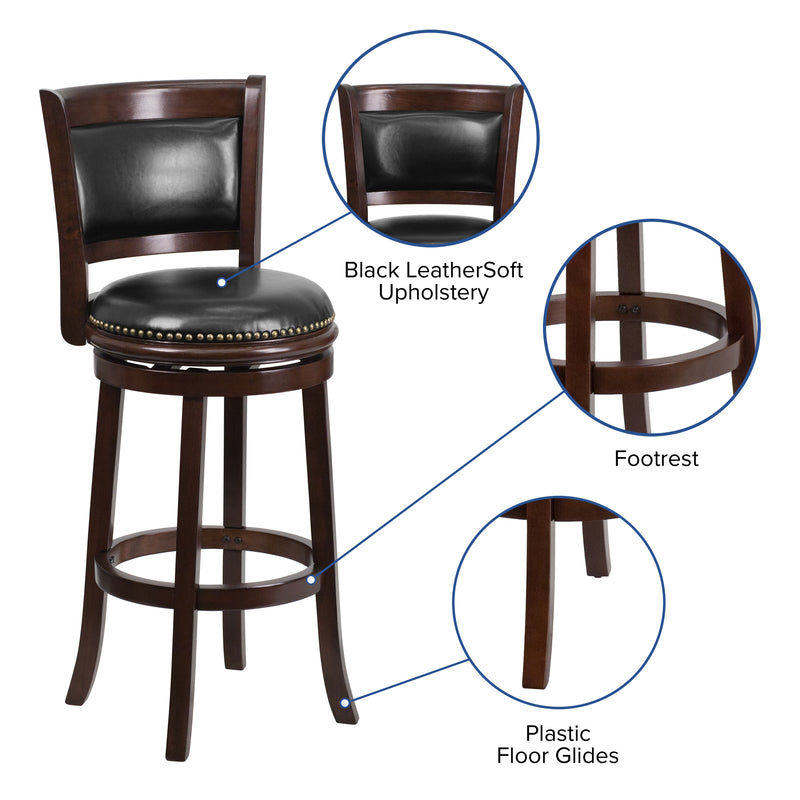 Benjamin 30" Panel Back Bar Height Stool with Black Faux Leather Upholstered Back & Seat, Nail Trim, and Cappuccino Wooden Frame