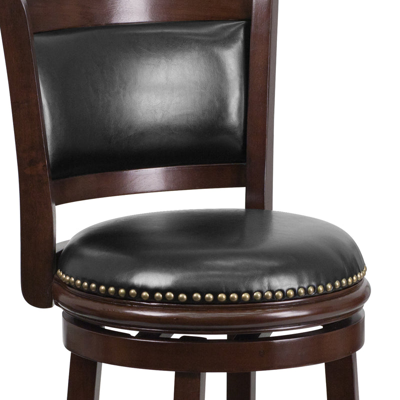 Benjamin 30" Panel Back Bar Height Stool with Black Faux Leather Upholstered Back & Seat, Nail Trim, and Cappuccino Wooden Frame