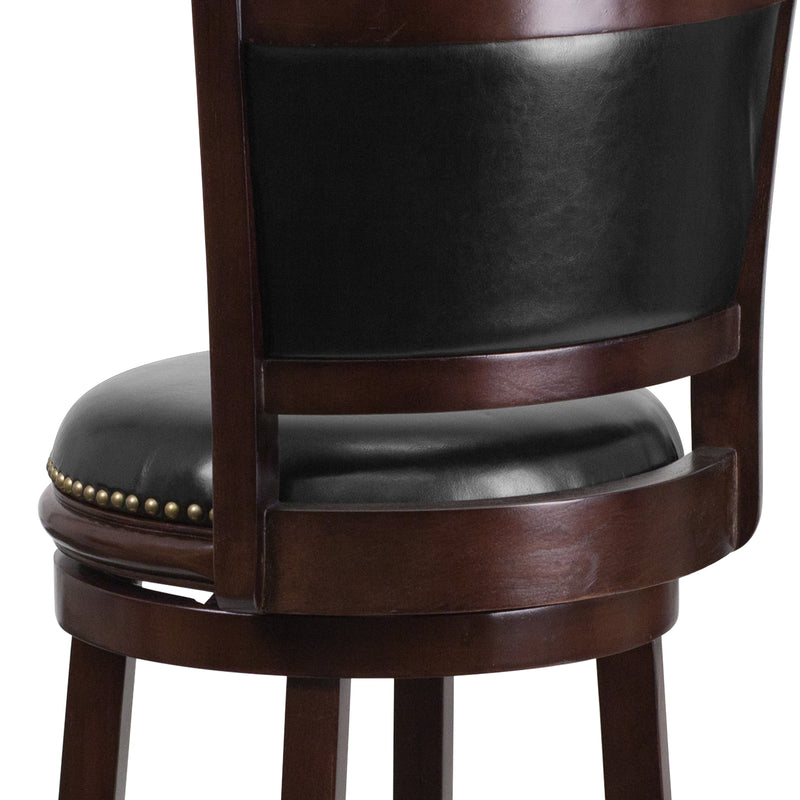Benjamin 30" Panel Back Bar Height Stool with Black Faux Leather Upholstered Back & Seat, Nail Trim, and Cappuccino Wooden Frame