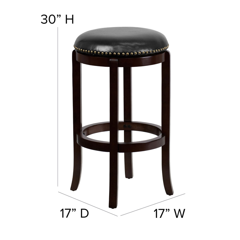Ruscha 29" Cappuccino Backless Wooden Bar Stool With Black Faux Leather 360 Degree Swivel Seat