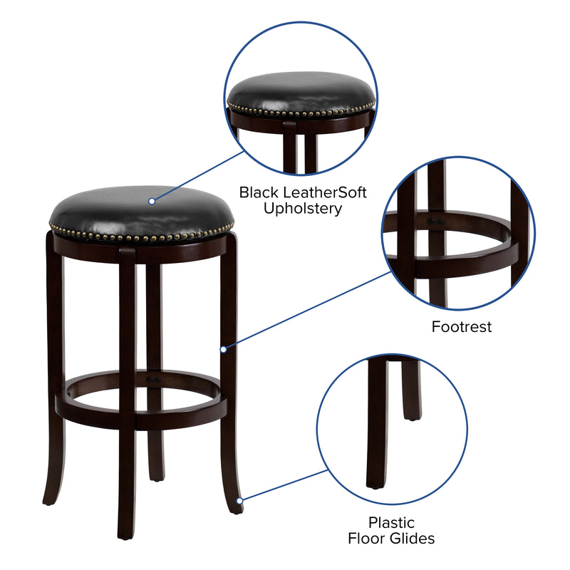 Ruscha 29" Cappuccino Backless Wooden Bar Stool With Black Faux Leather 360 Degree Swivel Seat