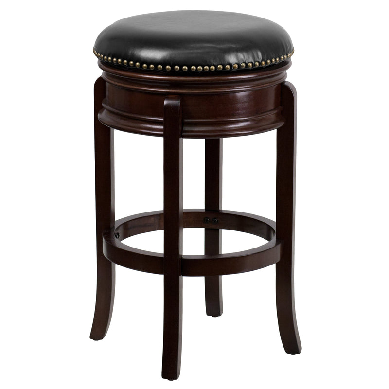 Ashin 30" Backless Swivel Barstool Upholstered in Black Faux Leather with Nail Trim