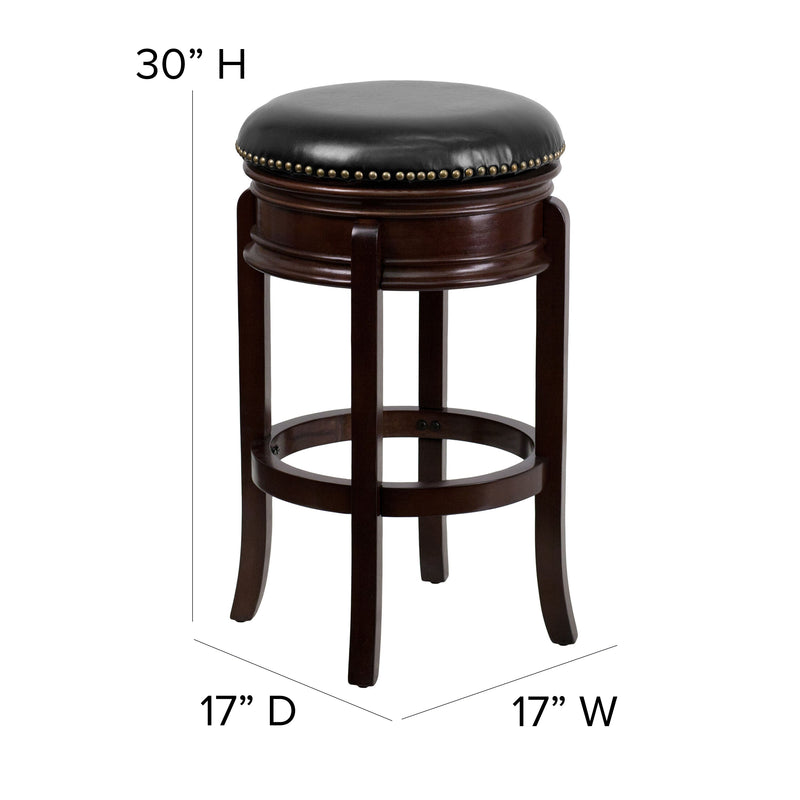 Ashin 30" Backless Swivel Barstool Upholstered in Black Faux Leather with Nail Trim