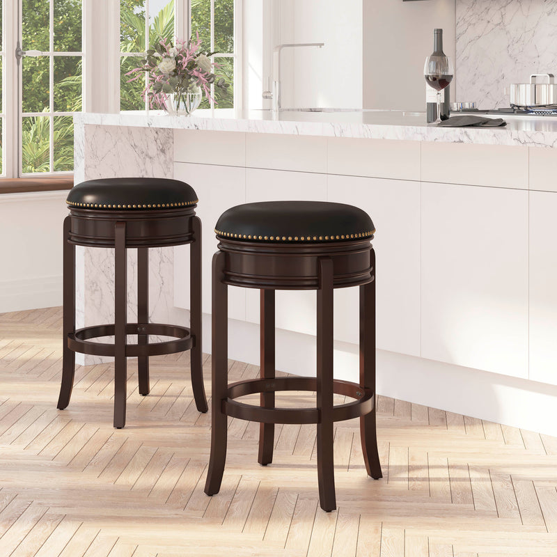 Ashin 30" Backless Swivel Barstool Upholstered in Black Faux Leather with Nail Trim